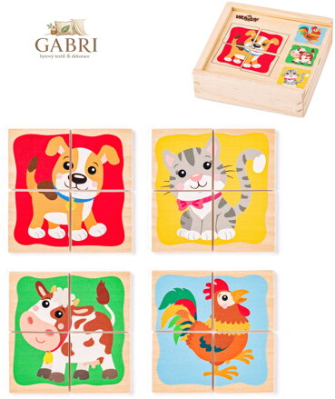 WOODY DŘEVO Baby minipuzzle Domácí zvířátka 4x4 dílky v krabičce 4v1