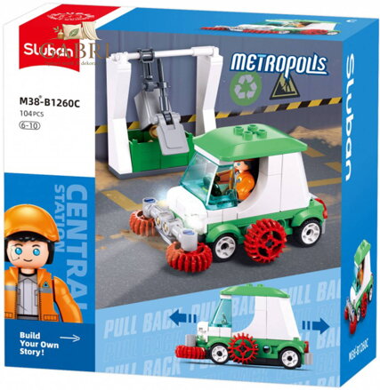 SLUBAN Metropolis Auto zametač zpětný chod 104 dílků + figurka STAVEBNICE