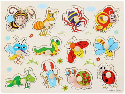 DŘEVO Vkládačka hmyz puzzle vkládací 12 dílků s úchyty na desce