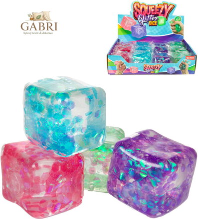 Kostka antistresová 6cm mačkací sliz se třpytkami 4 barvy