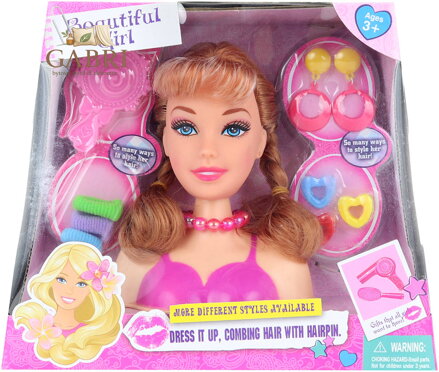 Česací hlava blondýnka dětský kadeřnický set s hřebenem a doplňky