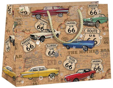Taška dárková Route 66 auta 24x18cm papírová natur Eco Friendly