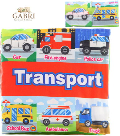 Knížka baby textilní šustící puzzle dopravní prostředky 2v1 pro miminko