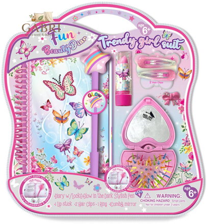 Deníková sada s ve tmě svítící tužkou a skládacím hřebínkem s doplňky