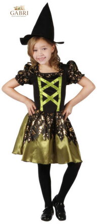 KARNEVAL Šaty čarodějka černozlatá vel. M (120-130cm) 5-9 let *KOSTÝM*