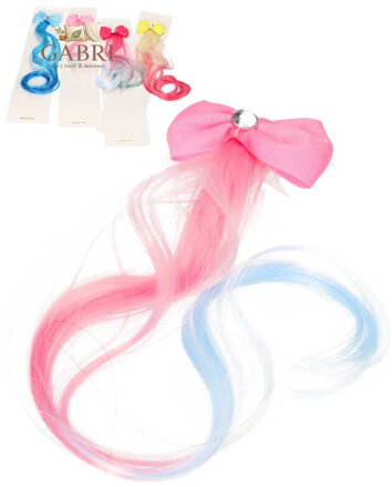 Příčesek umělé vlasy dětské 29cm pramínek vlasů dvojbarevný s mašlí 4 barvy