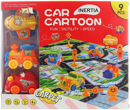 Koberec hrací město + 3 dopravní prostředky na setrvačník s doplňky