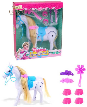 Kůň česací chodící set s kadeřnickými doplňky s hudbou na baterie plast