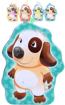 Pokladnička pejsek 11cm dětská plechová kasička na zámek 4 barvy