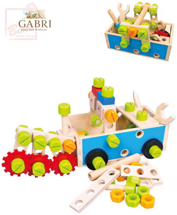 BINO DŘEVO Set dětské nářadí v přepravce šroubovací stavebnice