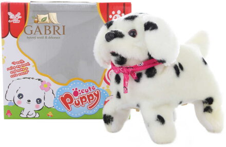 PLYŠ Pejsek bílý chodící 18cm štěká dělá salta na baterie Zvuk v krabici