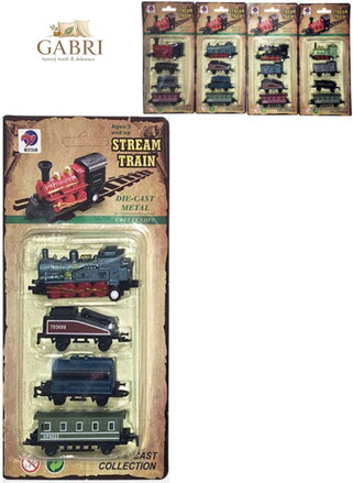 Vlak kovový mini historický set mašinka + 3 vagónky zpětný nátah 4 druhy na kartě