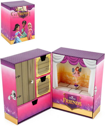 Šperkovnice kartonová rozkládací se zásuvkami princezny s melodií na natažení