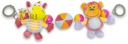 Chrastítko baby zábrana do kočárku hrošík + opička mix závěs pro miminko