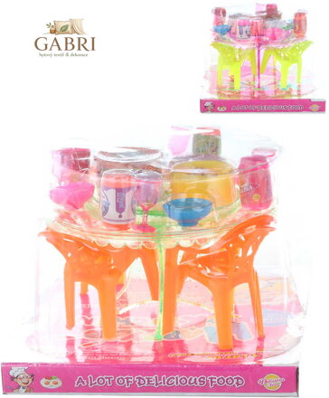 Stoleček jídelní plastový set s nádobím a potravinami do domečku 2 druhy