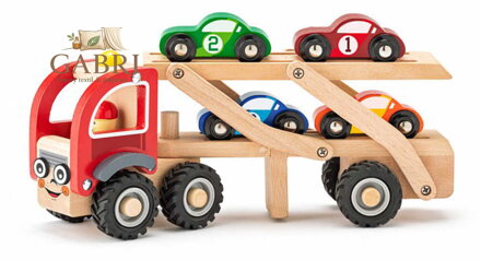 WOODY DŘEVO Set tahač veselý + 4 závodní auta *DŘEVĚNÉ HRAČKY*