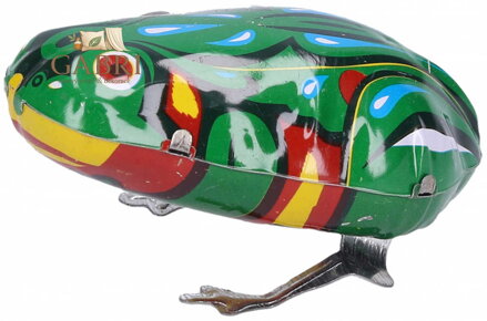 Žába natahovací na klíček kovová 6cm retro skákací v krabičce