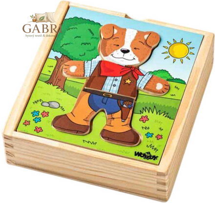 WOODY DŘEVO Baby puzzle šatní skříň pejsek 18 dílků *DŘEVĚNÉ HRAČKY*
