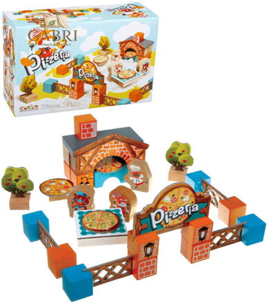 CUBIKA DŘEVO Pizzeria 30 dílků s kartonovými doplňky STAVEBNICE