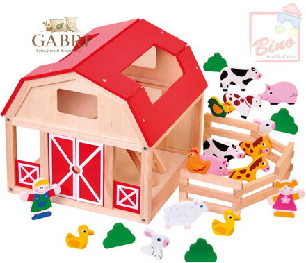 BINO DŘEVO Farma se zvířátky herní set domeček se 2 panáčky a doplňky