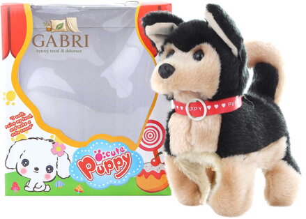 PLYŠ Pejsek černo-hnědý 18cm chodí a štěká na baterie Zvuk *PLYŠOVÉ HRAČKY*