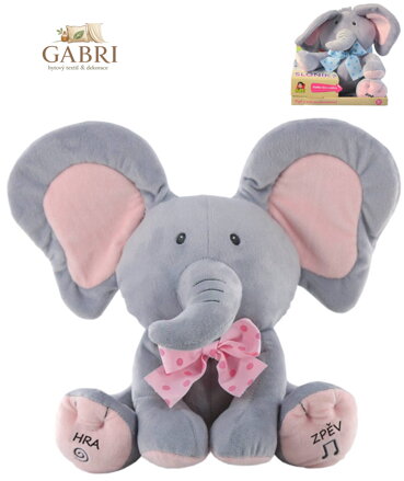 PLYŠ Sloník baby hra na schovávanou mluví zpívá na baterie CZ Zvuk 2 barvy