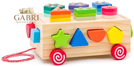 WOODY DŘEVO Vozík tahací s vkládacími a navlékacími tvary 3v1