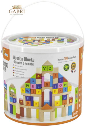 VIGA DŘEVO Baby stavebnice kostky 100ks písmena a čísla v kyblíku