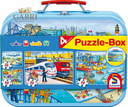 SCHMIDT Puzzle Doprava 4v1 v plechovém kufříku (26,26,48,48 dílků)