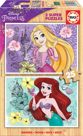 EDUCA Dřevěné puzzle Disney princezny 2x25 dílků