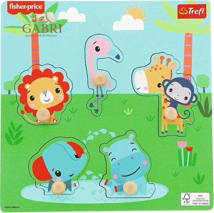 TREFL Dřevěná vkládačka Fisher Price Zábava v divočině
