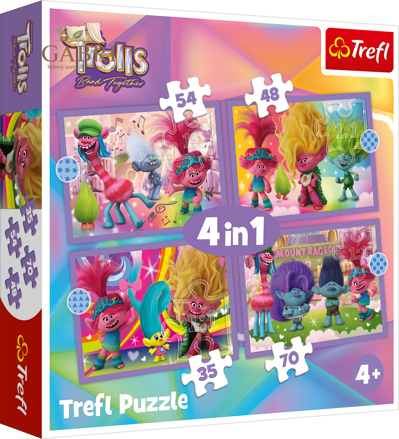 TREFL Puzzle Trollové: Barevné dobrodružství 4v1 (35,48,54,70 dílků)