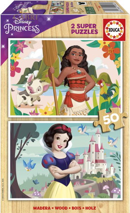 EDUCA Dřevěné puzzle Disney princezny: Vaiana a Sněhurka 2x50 dílků