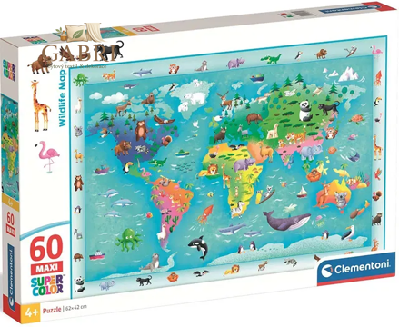 CLEMENTONI Puzzle s hledáním obrázků Mapa světa se zvířátky MAXI 60 dílků