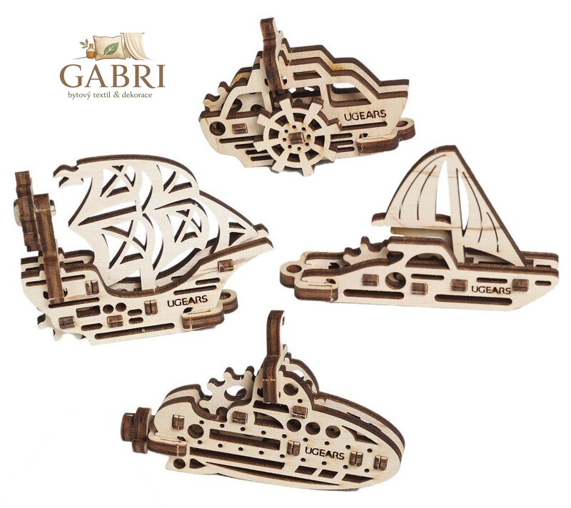 Ugears 3D dřevěné mechanické puzzle 4 mechanické přívěšky Plavidla