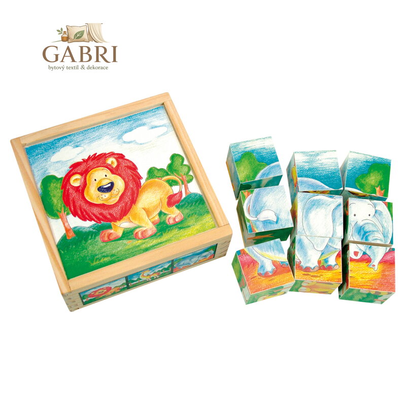 Bino Dřevěné hračky obrázkové  kostky divoká zvířata 9 dílů