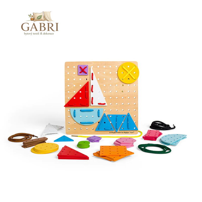 Bigjigs Toys Dřevěná šněrovací hra Geometrické tvary