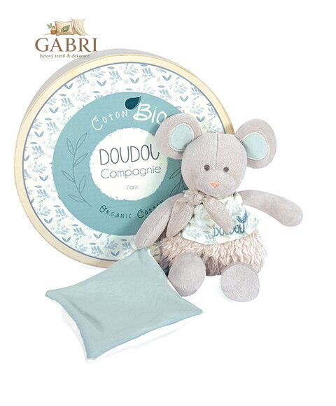 Doudou Dárková sada -  Plyšová myška s dečkou z  BIO bavlny 22 cm