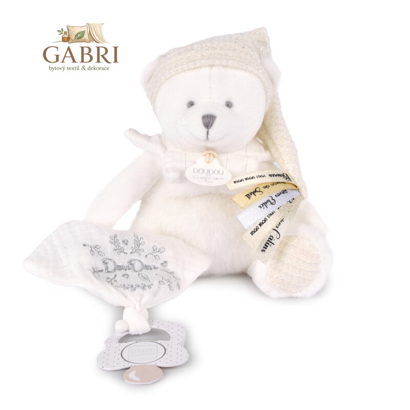 Doudou Dárková sada Plyšový medvídek s úchytem na dudlík a dečkou béžový 20 cm