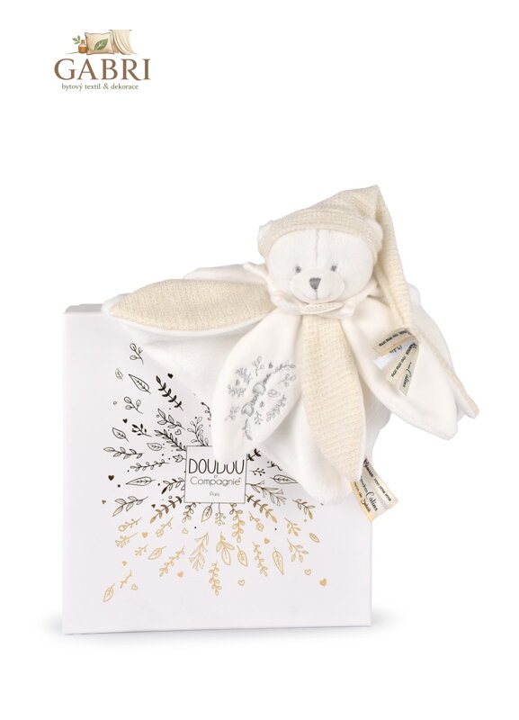 Doudou Dárková sada Plyšový muchláček medvídek s čepičkou 25 cm béžový