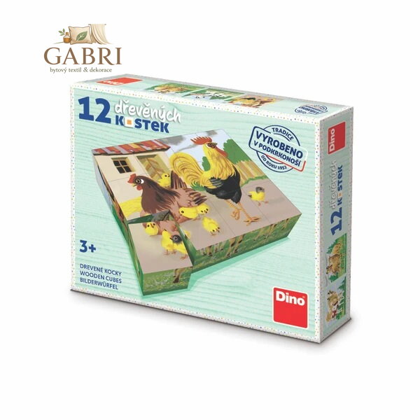 Dino Dřevěné obrázkové kostky Domáčí zvířátka retro 12 kostek