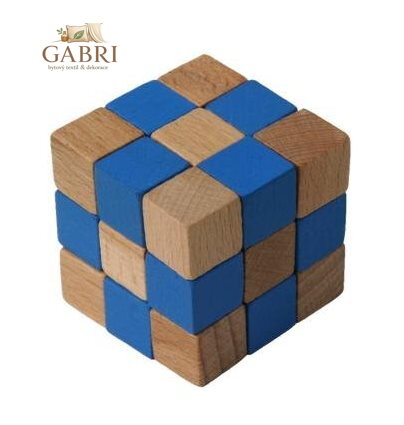 Dřevěný hlavolam kostka modrá