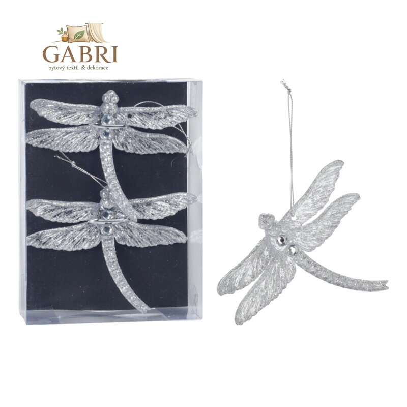 Třpytivá vážka stříbrná - závěsná dekorace (balení 2 ks)