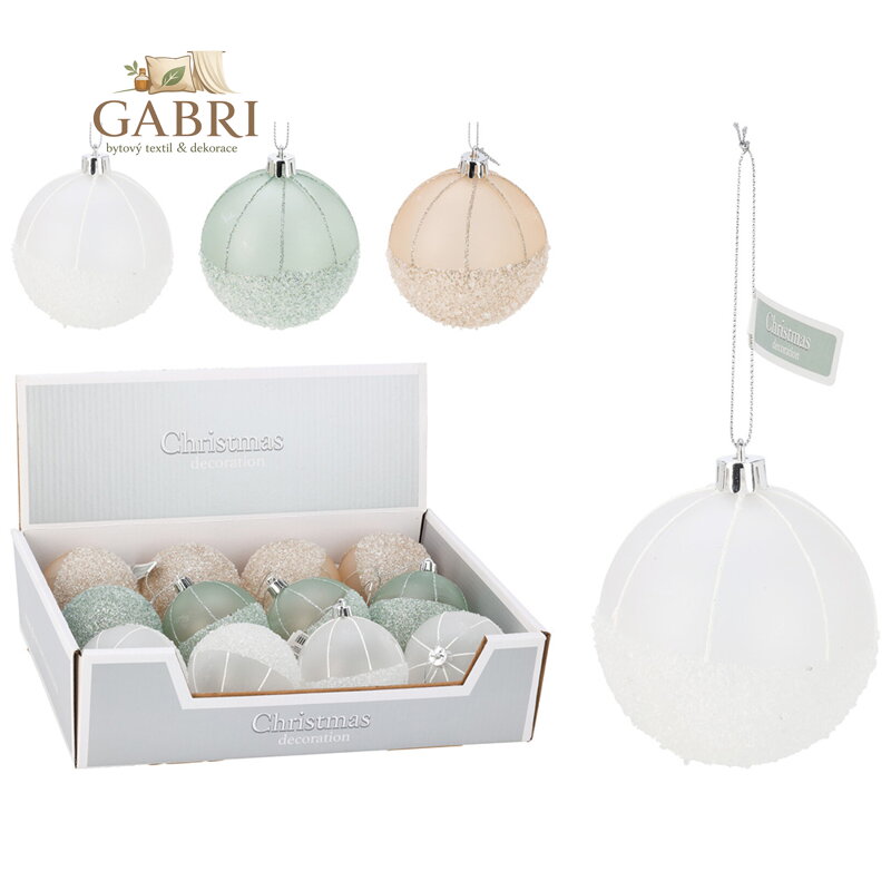 Vánoční koule 80 mm třpytivá, zdobená sněhem (mix 3 barev, cena /1 ks)