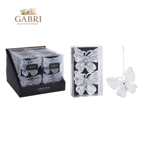 Třpytivý motýl cukrovo-bílý - závěsná dekorace (balení 2 ks)