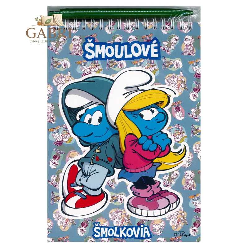 Psací sada pro děti - blok A5 se spirálou + kuličkové pero "Šmoulové"