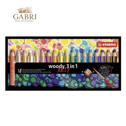 Pastelky STABILO woody 3 v 1 ARTY- barvička, vodovka, voskovka- 18 ks + ořezávátko+štětec
