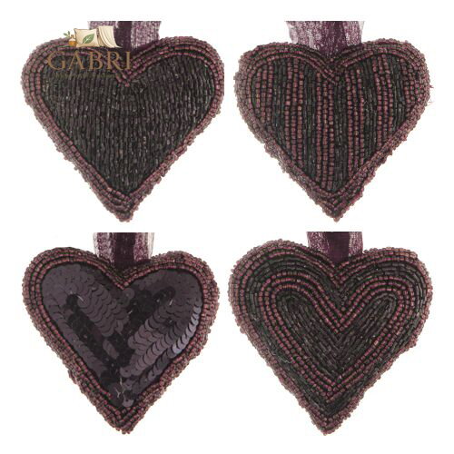 Dekorace závěsná - Srdce z korálků 9x9 cm, černo / fialové, mix / 1ks