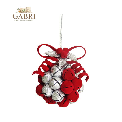Dekorace závěsná - červeno / stříbrná koule z rolniček 10 cm, 1ks