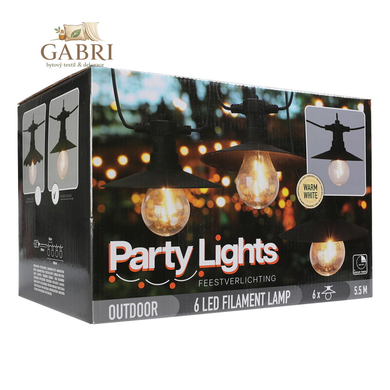 Párty osvětlení - řetěz 6 LED svítidel, teplá bílá, délka 5,5 m